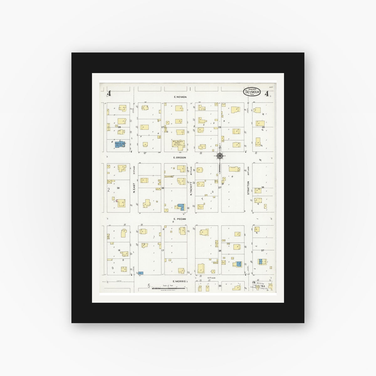 Old map wall art mockup — black gallery frame with white mat — Sanborn Fire Insurance Map from Seymour, Baylor County, Texas (1925), Sheet #0004