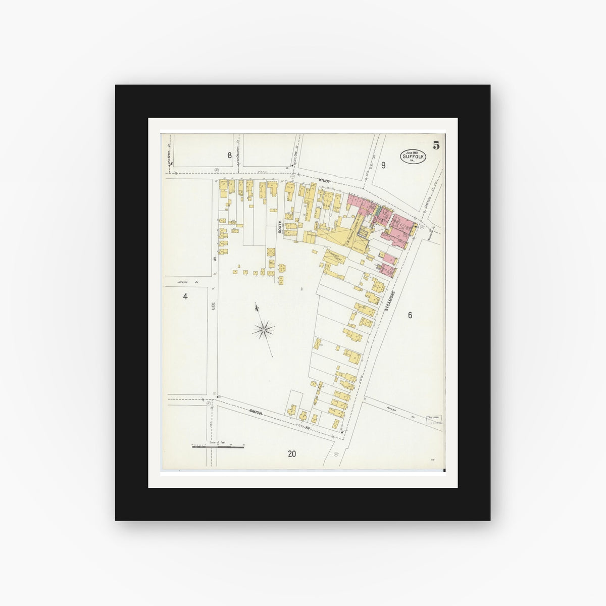 Old map wall art mockup — black gallery frame with white mat — Sanborn Fire Insurance Map from Suffolk, Independent Cities, Virginia (1903), Sheet #0005