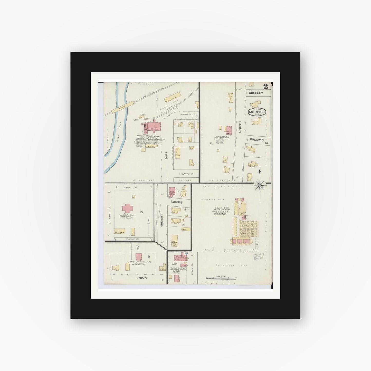 Old map wall art mockup — black gallery frame with white mat — Sanborn Fire Insurance Map from Morenci, Lenawee County, Michigan (1893), Sheet #0002