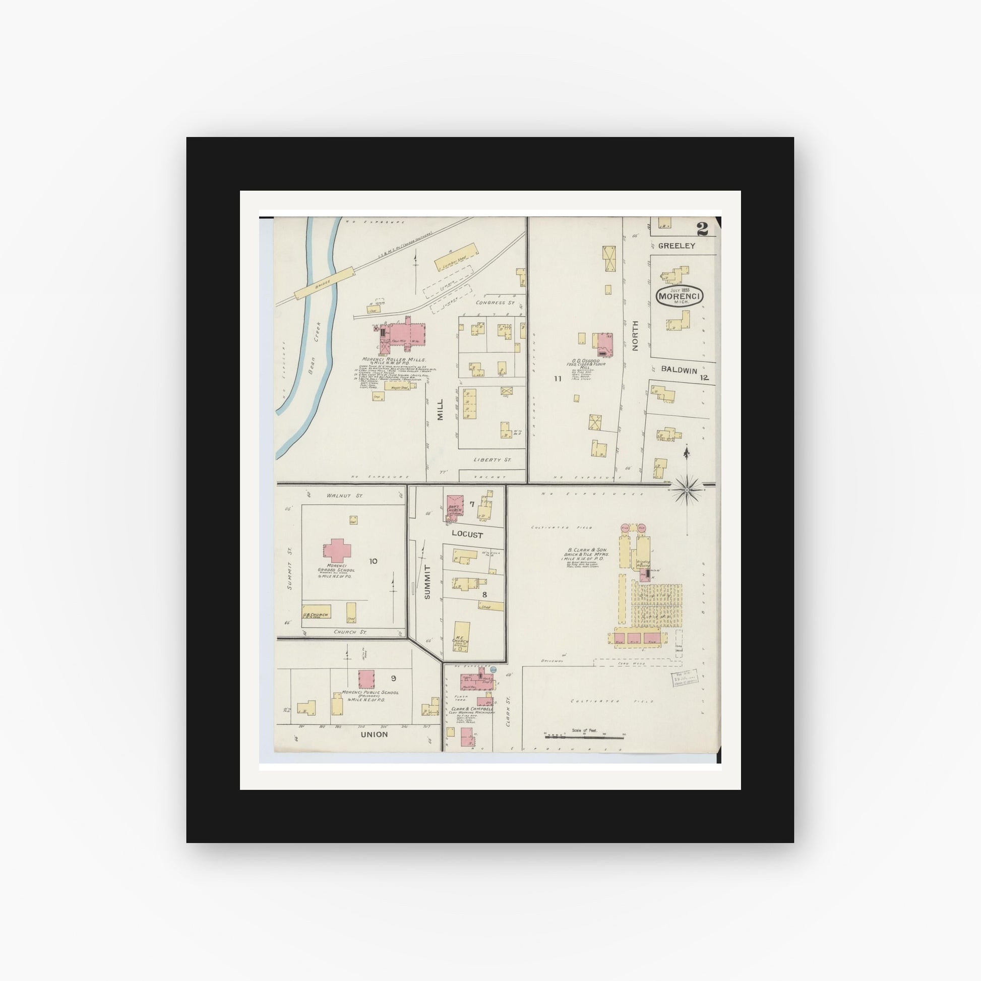 Old map wall art mockup — black gallery frame with white mat — Sanborn Fire Insurance Map from Morenci, Lenawee County, Michigan (1893), Sheet #0002