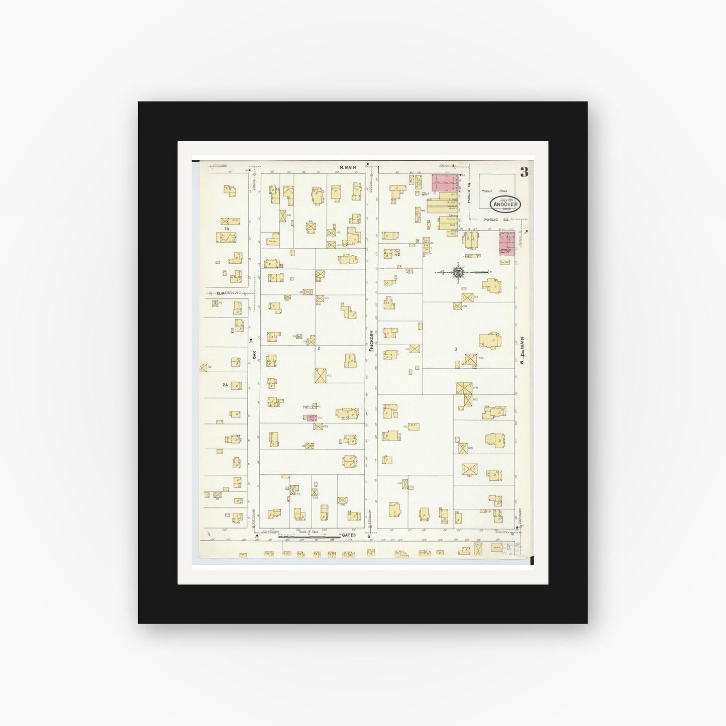 Old map wall art mockup — black gallery frame with white mat — Sanborn Fire Insurance Map from Andover, Ashtabula County, Ohio (1911), Sheet #0003