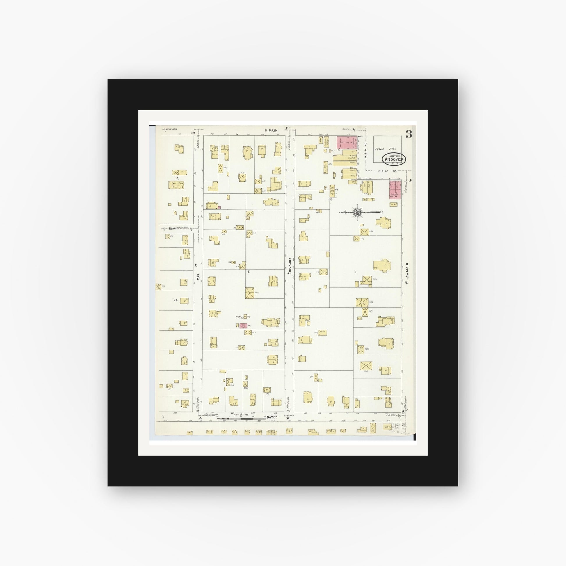 Old map wall art mockup — black gallery frame with white mat — Sanborn Fire Insurance Map from Andover, Ashtabula County, Ohio (1911), Sheet #0003