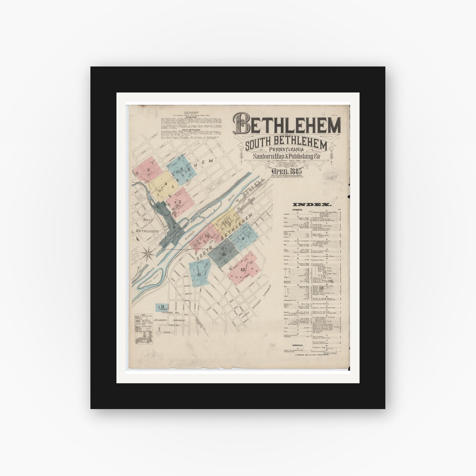 Old map wall art mockup — black gallery frame with white mat — Sanborn Fire Insurance Map from Bethlehem, Northampton And Lehigh Counties, Pennsylvania (1885), Sheet #0001