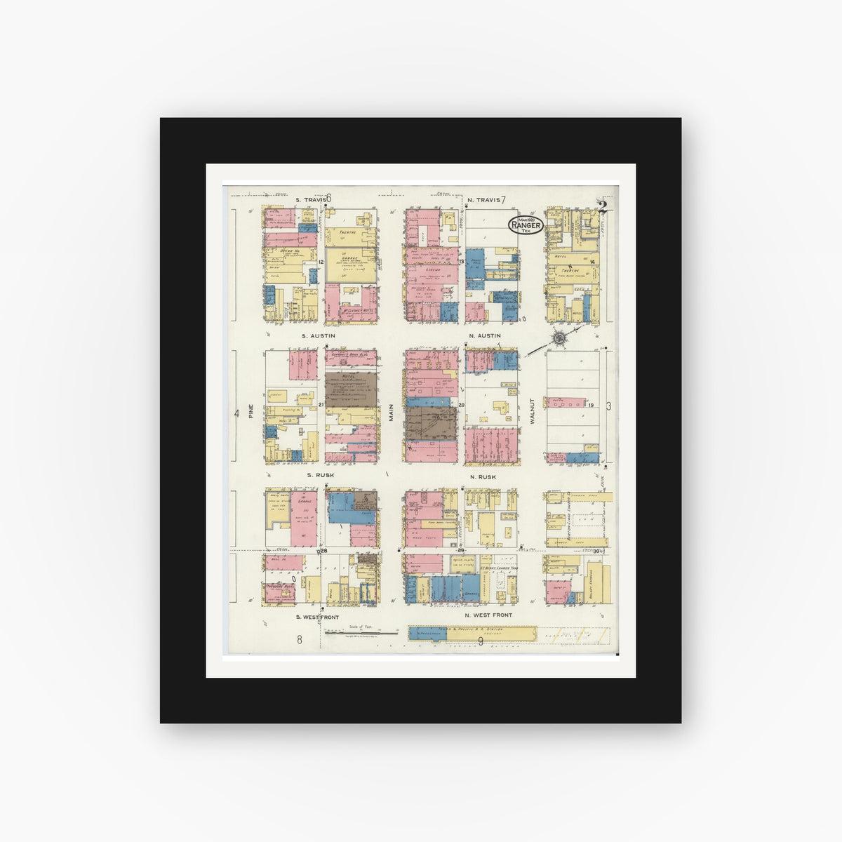 Old map wall art mockup — black gallery frame with white mat — Sanborn Fire Insurance Map from Ranger, Eastland County, Texas (1920) - Complete Map Set