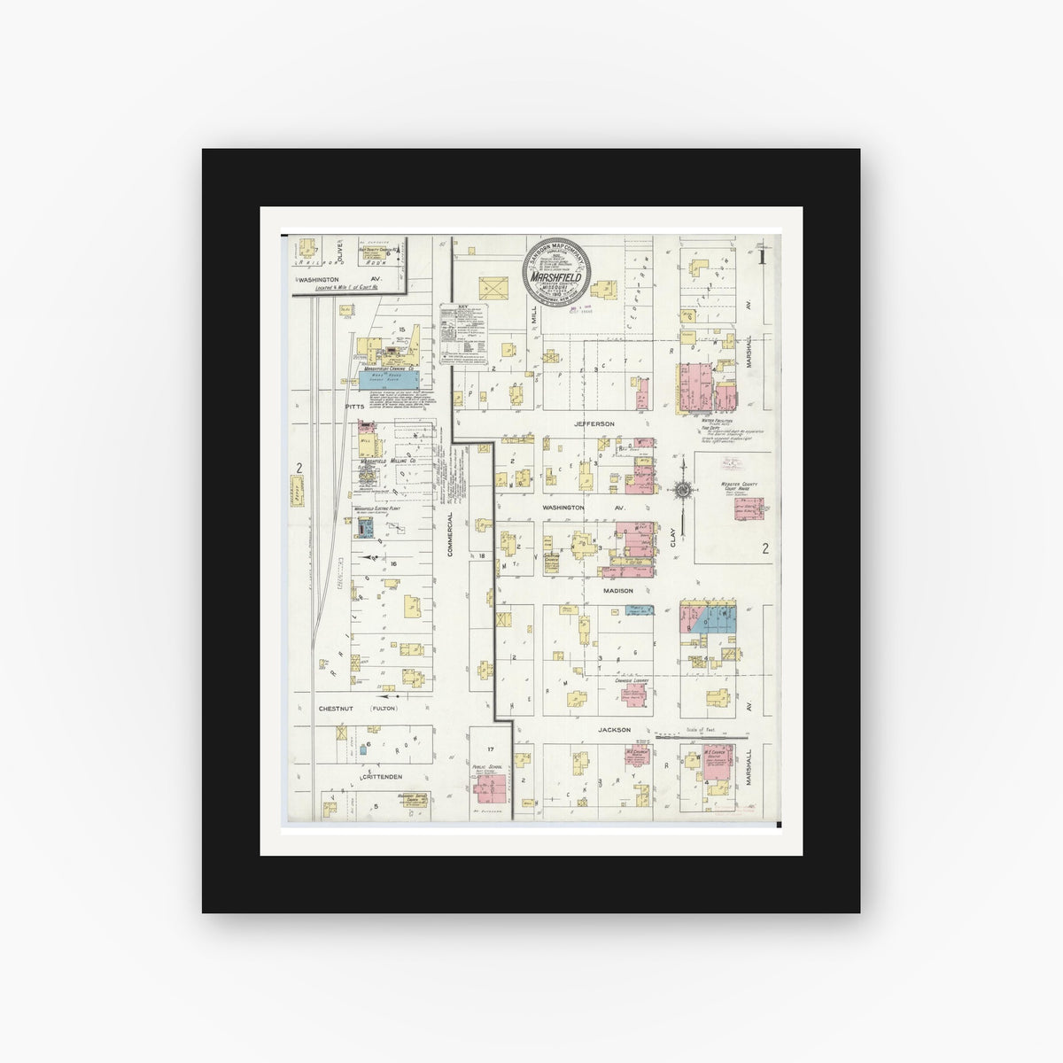 Old map wall art mockup — black gallery frame with white mat — Sanborn Fire Insurance Map from Marshfield, Webster County, Missouri (1910) - Complete Map Set