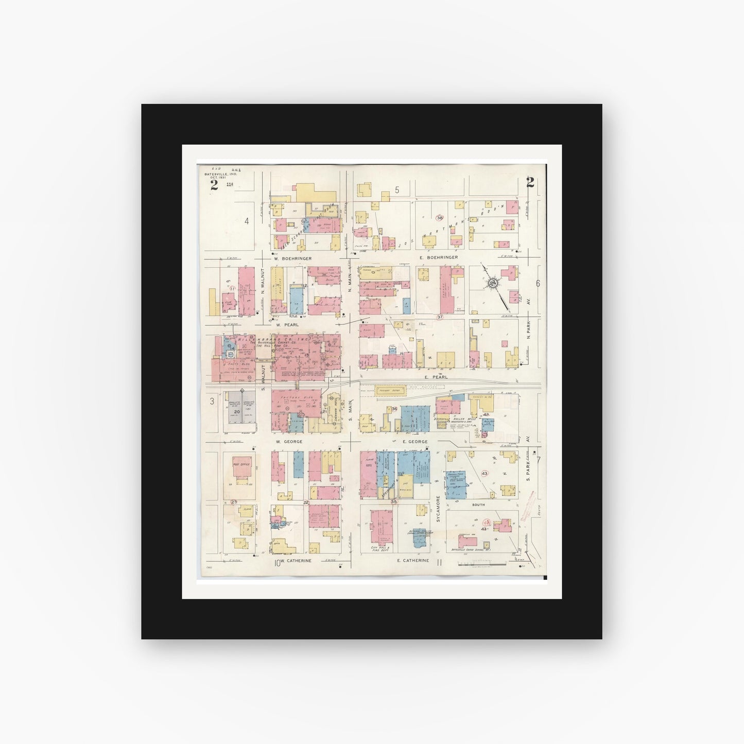 Old map wall art mockup — black gallery frame with white mat — Sanborn Fire Insurance Map from Batesville, Ripley County, Indiana (1948), Sheet #0002