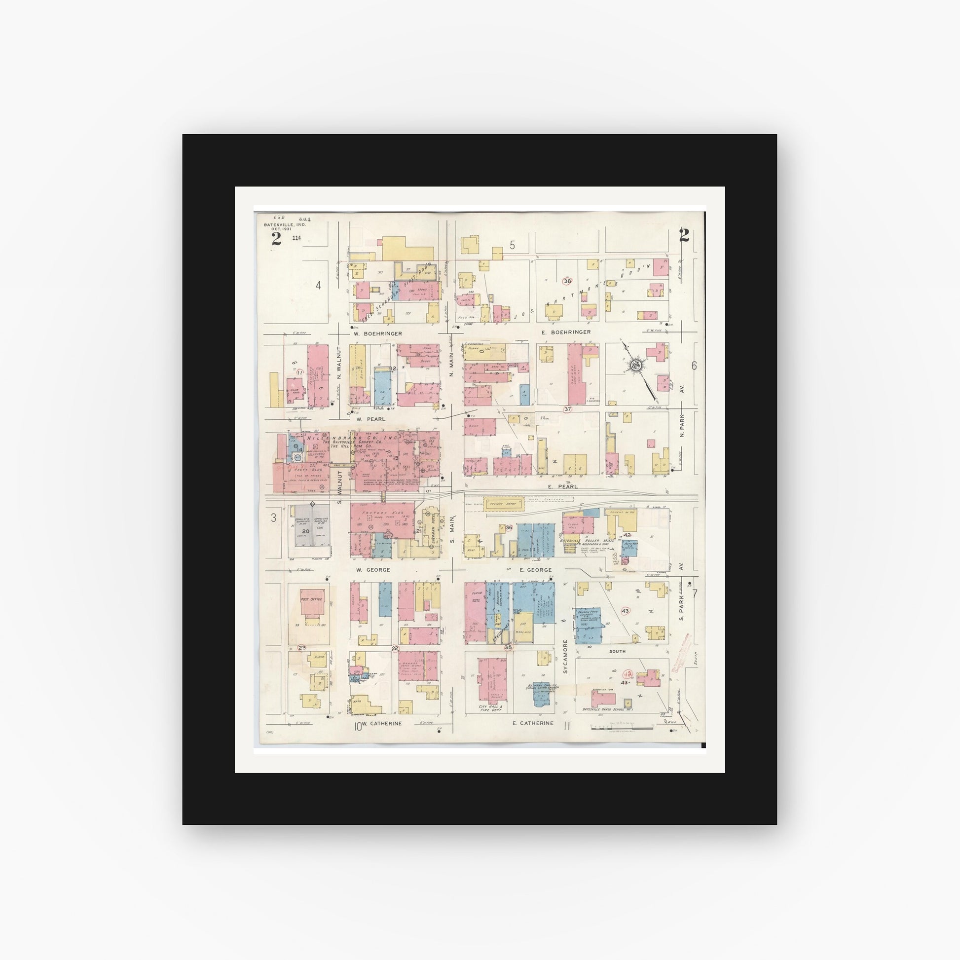 Old map wall art mockup — black gallery frame with white mat — Sanborn Fire Insurance Map from Batesville, Ripley County, Indiana (1948), Sheet #0002