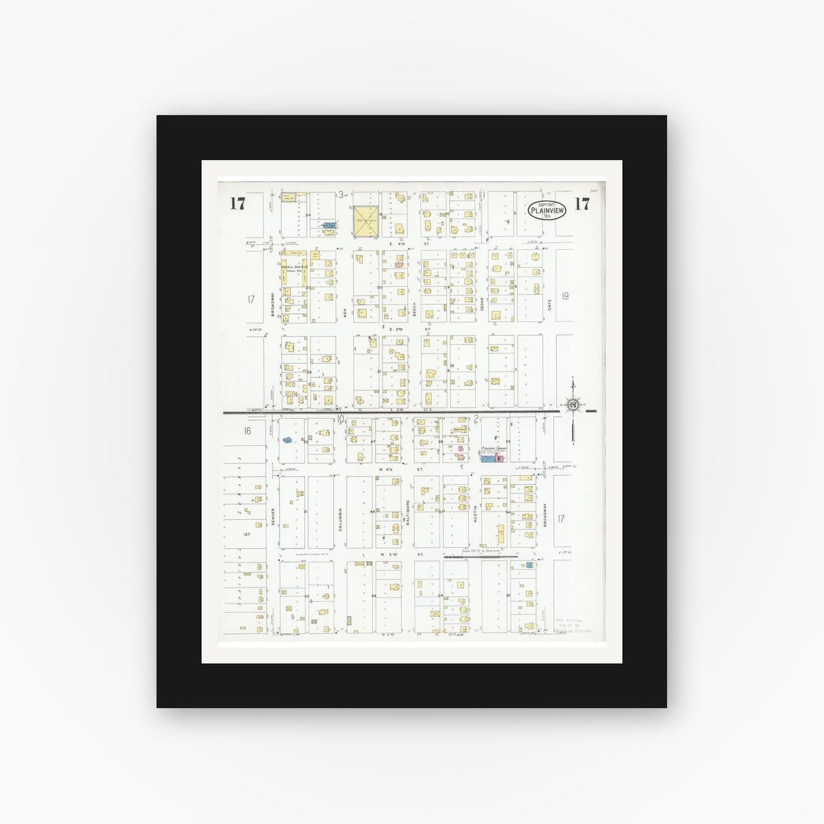 Old map wall art mockup — black gallery frame with white mat — Sanborn Fire Insurance Map from Plainview, Hale County, Texas (1927), Sheet #0017