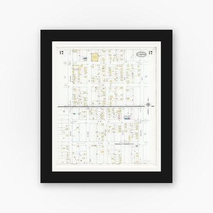Old map wall art mockup — black gallery frame with white mat — Sanborn Fire Insurance Map from Plainview, Hale County, Texas (1927), Sheet #0017