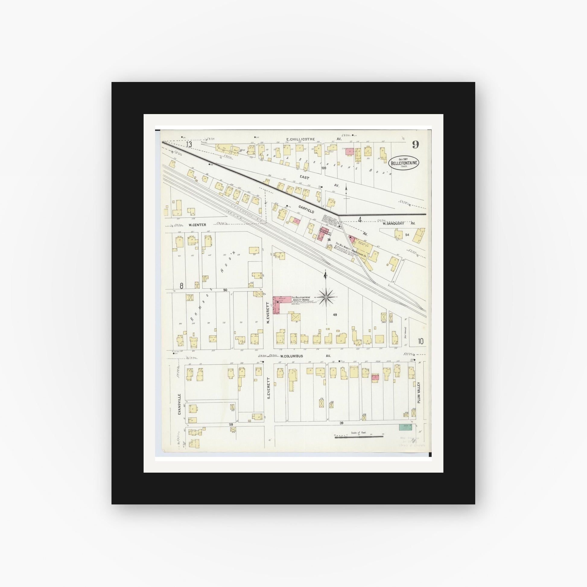 Old map wall art mockup — black gallery frame with white mat — Sanborn Fire Insurance Map from Bellefontaine, Logan County, Ohio (1907), Sheet #0009
