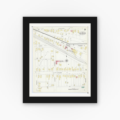 Old map wall art mockup — black gallery frame with white mat — Sanborn Fire Insurance Map from Bellefontaine, Logan County, Ohio (1907), Sheet #0009