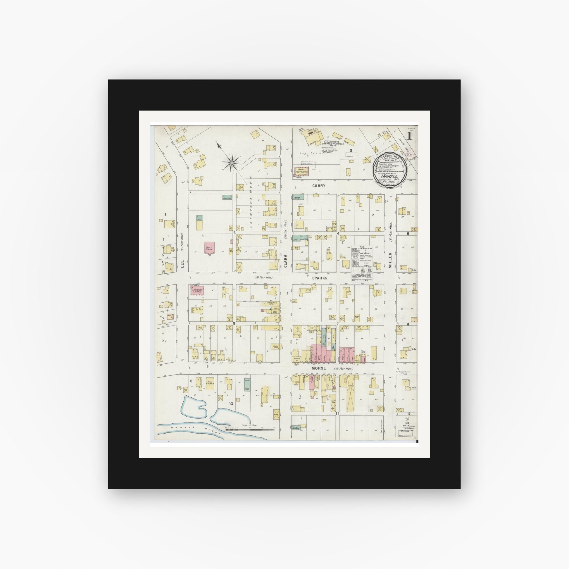 Old map wall art mockup — black gallery frame with white mat — Sanborn Fire Insurance Map from Markle, Huntington County, Indiana (1895), Sheet #0001