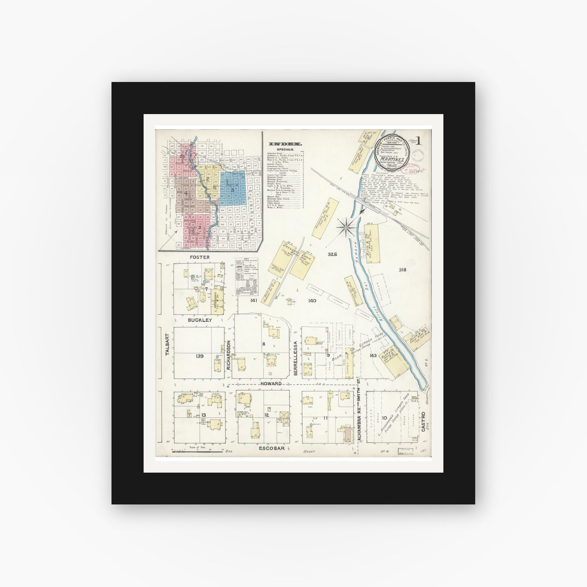 Old map wall art mockup — black gallery frame with white mat — Sanborn Fire Insurance Map from Martinez, Contra Costa County, California (1891) - Complete Map Set