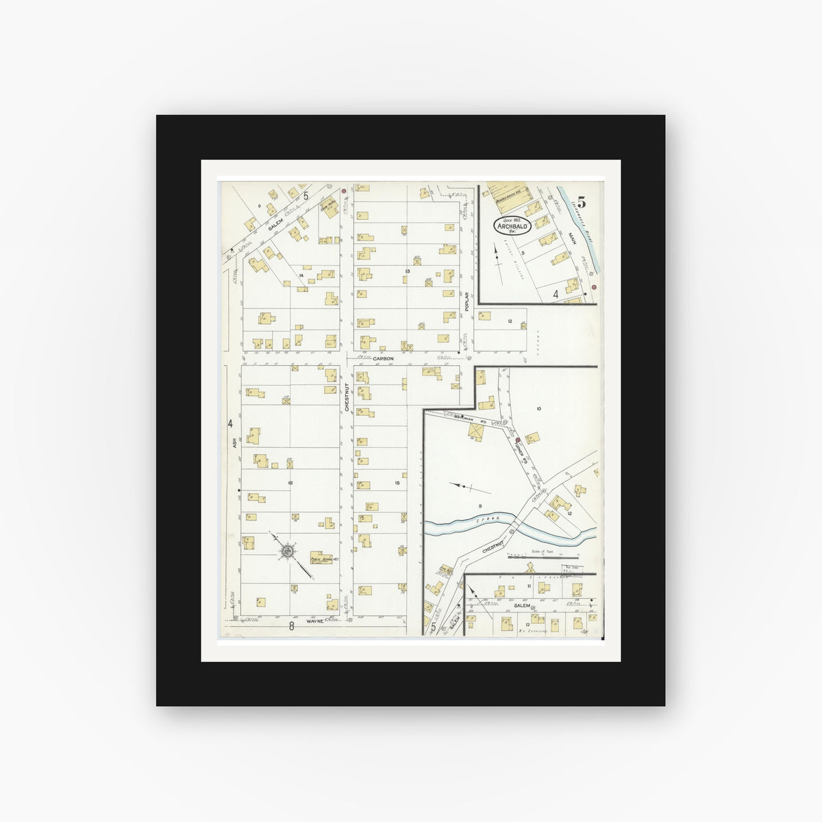 Old map wall art mockup — black gallery frame with white mat — Sanborn Fire Insurance Map from Archbald, Lackawanna County, Pennsylvania (1912), Sheet #0005