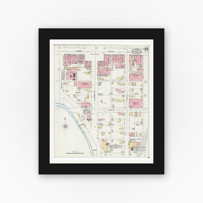 Old map wall art mockup — black gallery frame with white mat — Sanborn Fire Insurance Map from Danville, Vermilion County, Illinois (1895), Sheet #0015