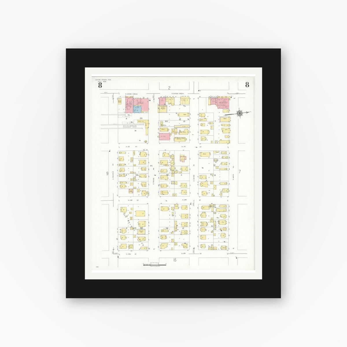Old map wall art mockup — black gallery frame with white mat — Sanborn Fire Insurance Map from Goose Creek, Harris County, Texas (1939), Sheet #0008