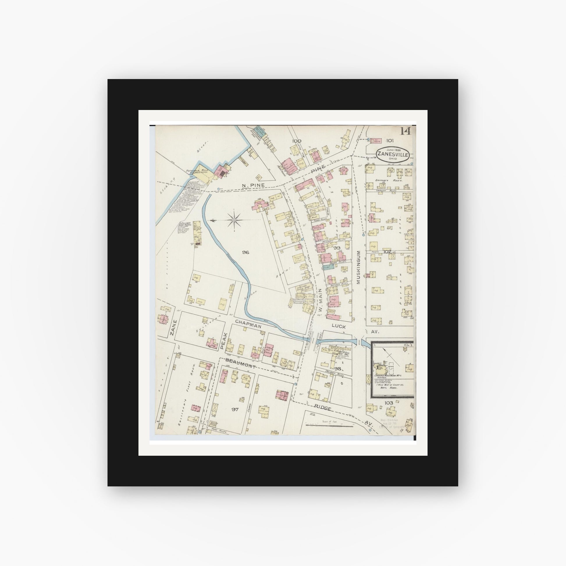 Old map wall art mockup — black gallery frame with white mat — Sanborn Fire Insurance Map from Zanesville, Muskingum County, Ohio (1886), Sheet #0014