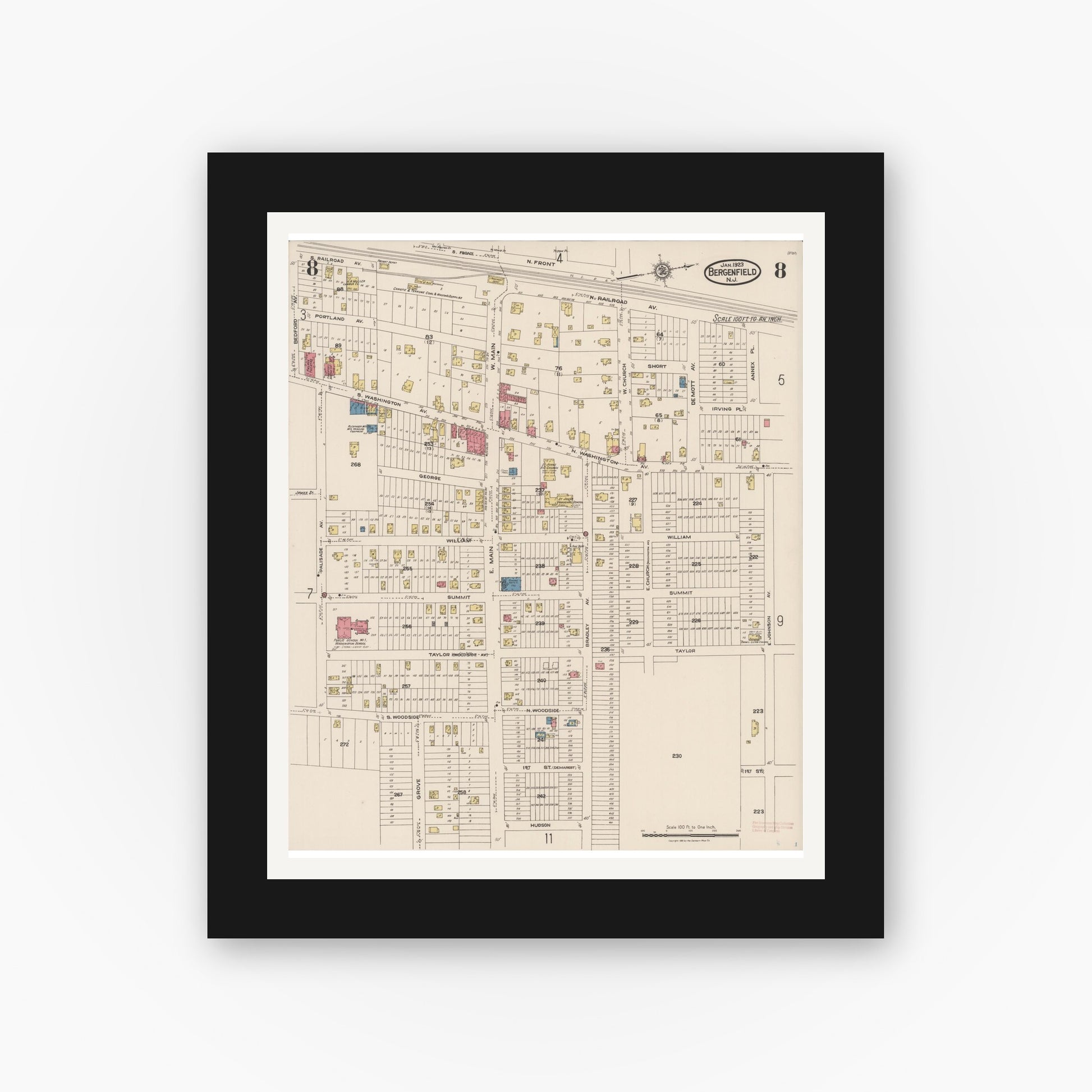 Old map wall art mockup — black gallery frame with white mat — Sanborn Fire Insurance Map from Bergenfield, Bergen County, New Jersey (1923), Sheet #0008