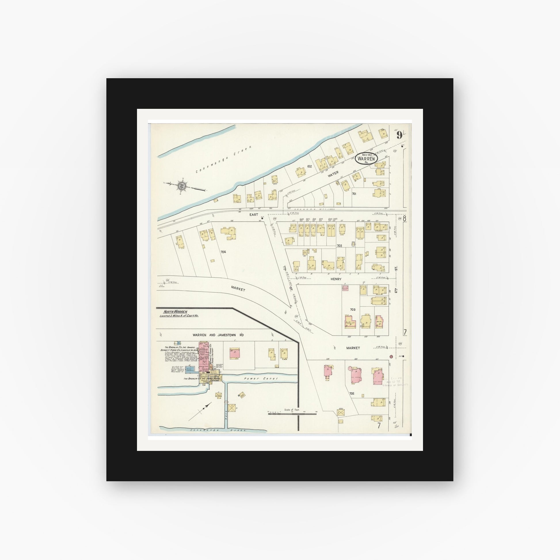 Old map wall art mockup — black gallery frame with white mat — Sanborn Fire Insurance Map from Warren, Warren County, Pennsylvania (1912), Sheet #0009