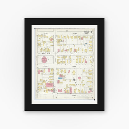 Old map wall art mockup — black gallery frame with white mat — Sanborn Fire Insurance Map from Adrian, Lenawee County, Michigan (1916), Sheet #0002