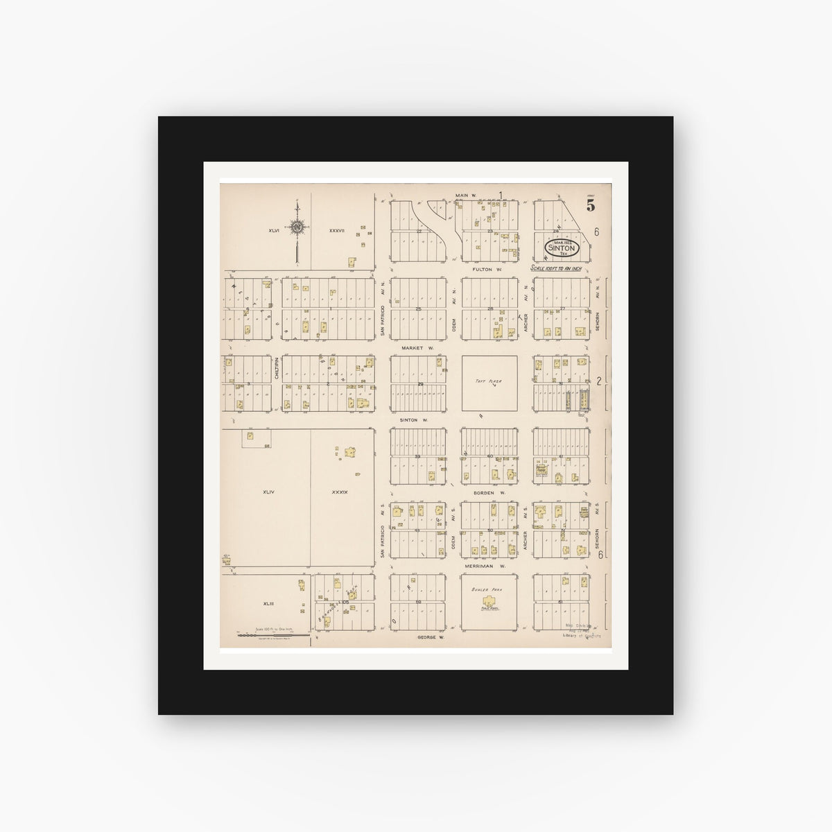Old map wall art mockup — black gallery frame with white mat — Sanborn Fire Insurance Map from Sinton, San Patricio County, Texas (1922), Sheet #0005