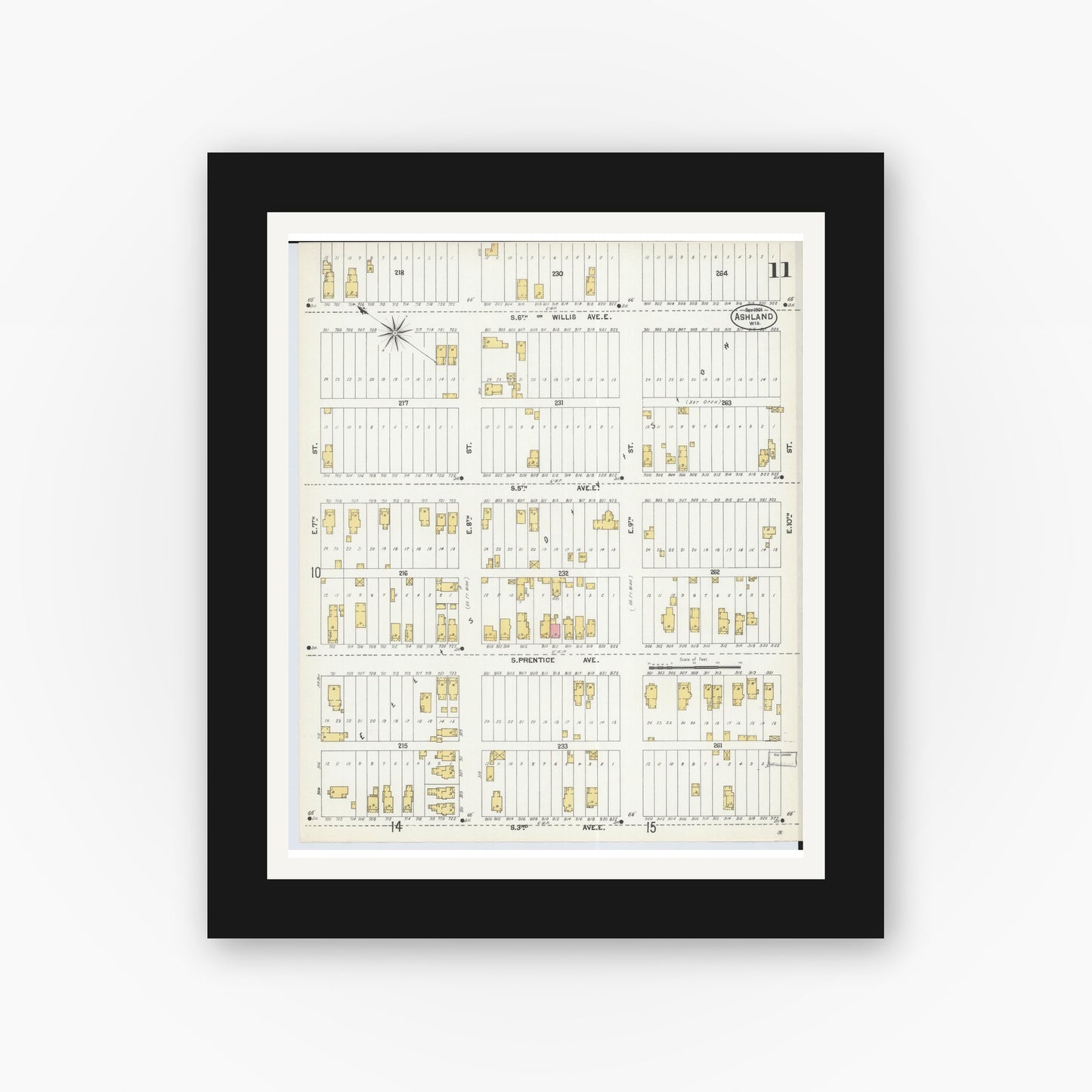 Old map wall art mockup — black gallery frame with white mat — Sanborn Fire Insurance Map from Ashland, Ashland County, Wisconsin (1901), Sheet #0011