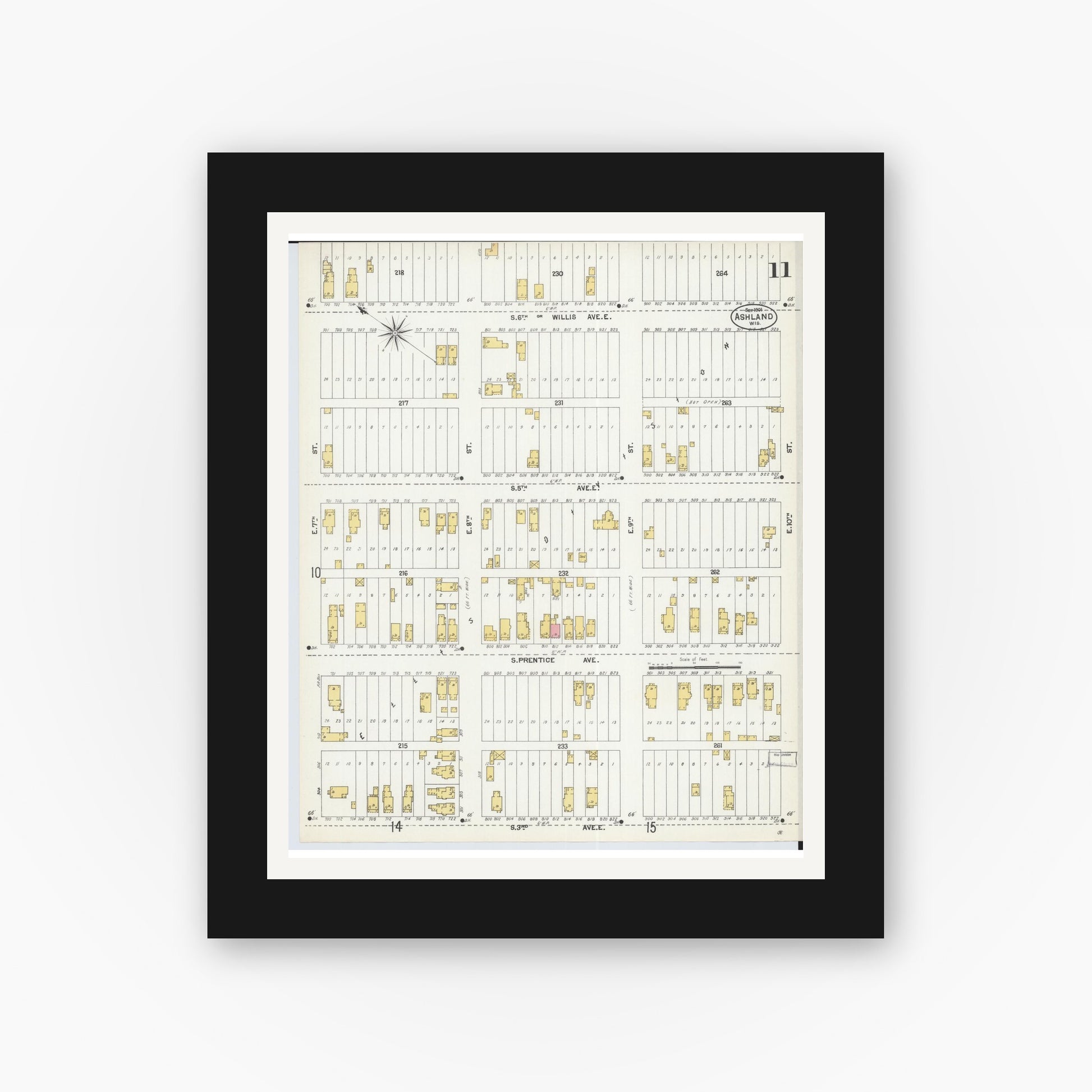 Old map wall art mockup — black gallery frame with white mat — Sanborn Fire Insurance Map from Ashland, Ashland County, Wisconsin (1901), Sheet #0011