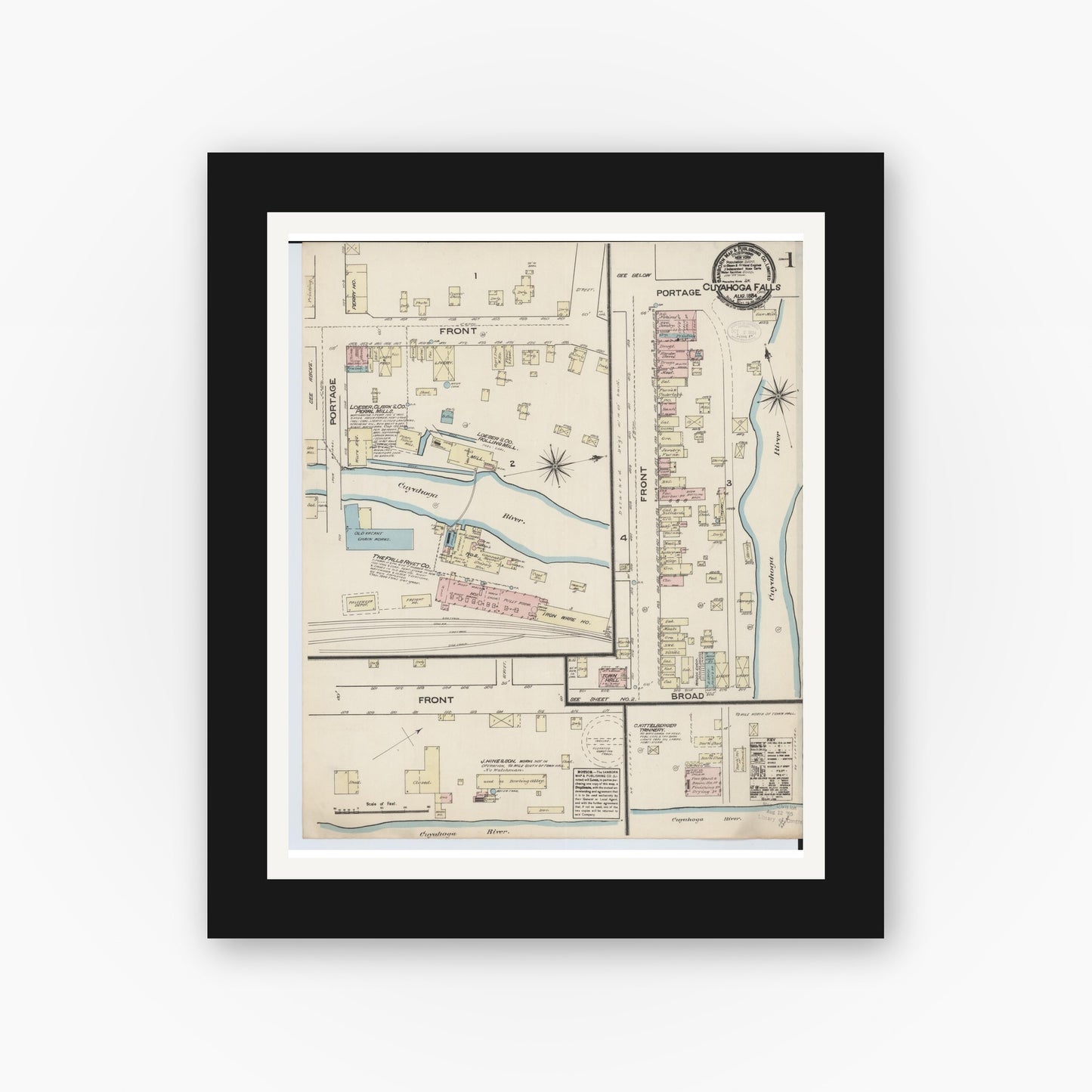 Old map wall art mockup — black gallery frame with white mat — Sanborn Fire Insurance Map from Cuyahoga Falls, Summit County, Ohio (1884), Sheet #0001