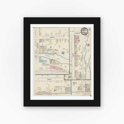 Old map wall art mockup — black gallery frame with white mat — Sanborn Fire Insurance Map from Cuyahoga Falls, Summit County, Ohio (1884), Sheet #0001