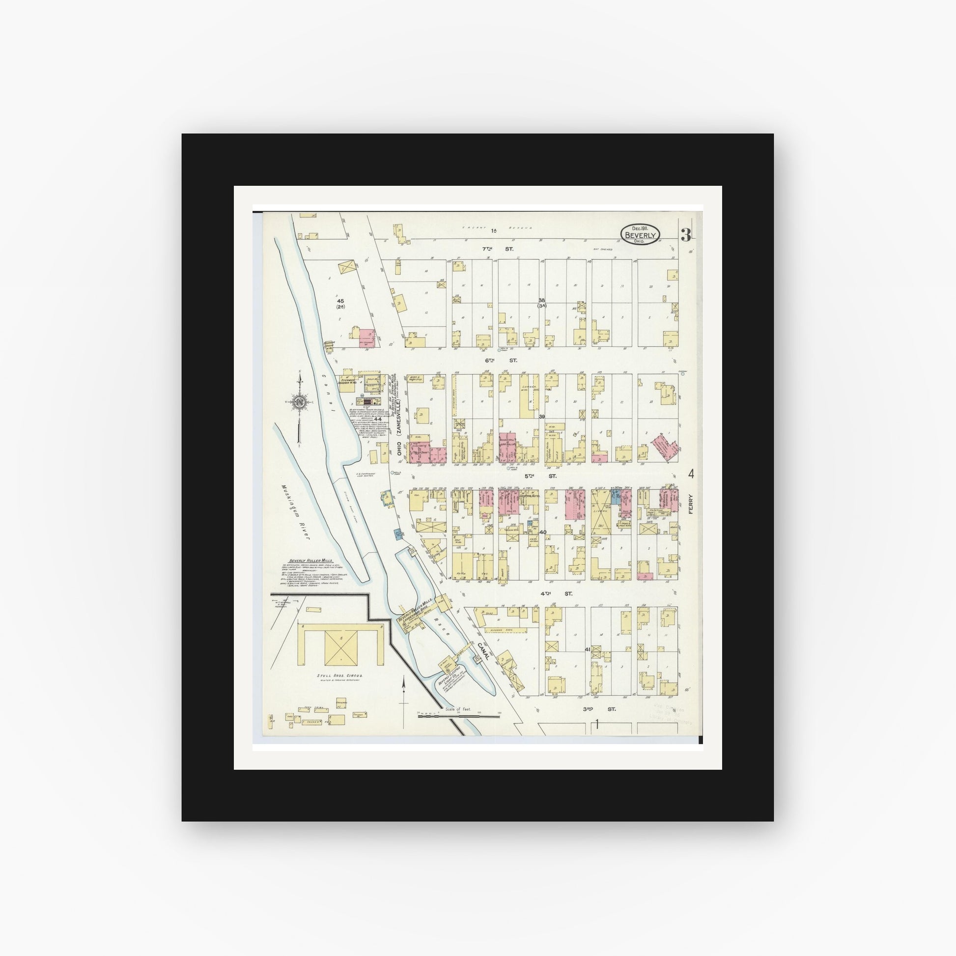 Old map wall art mockup — black gallery frame with white mat — Sanborn Fire Insurance Map from Beverly, Washington County, Ohio (1911), Sheet #0003