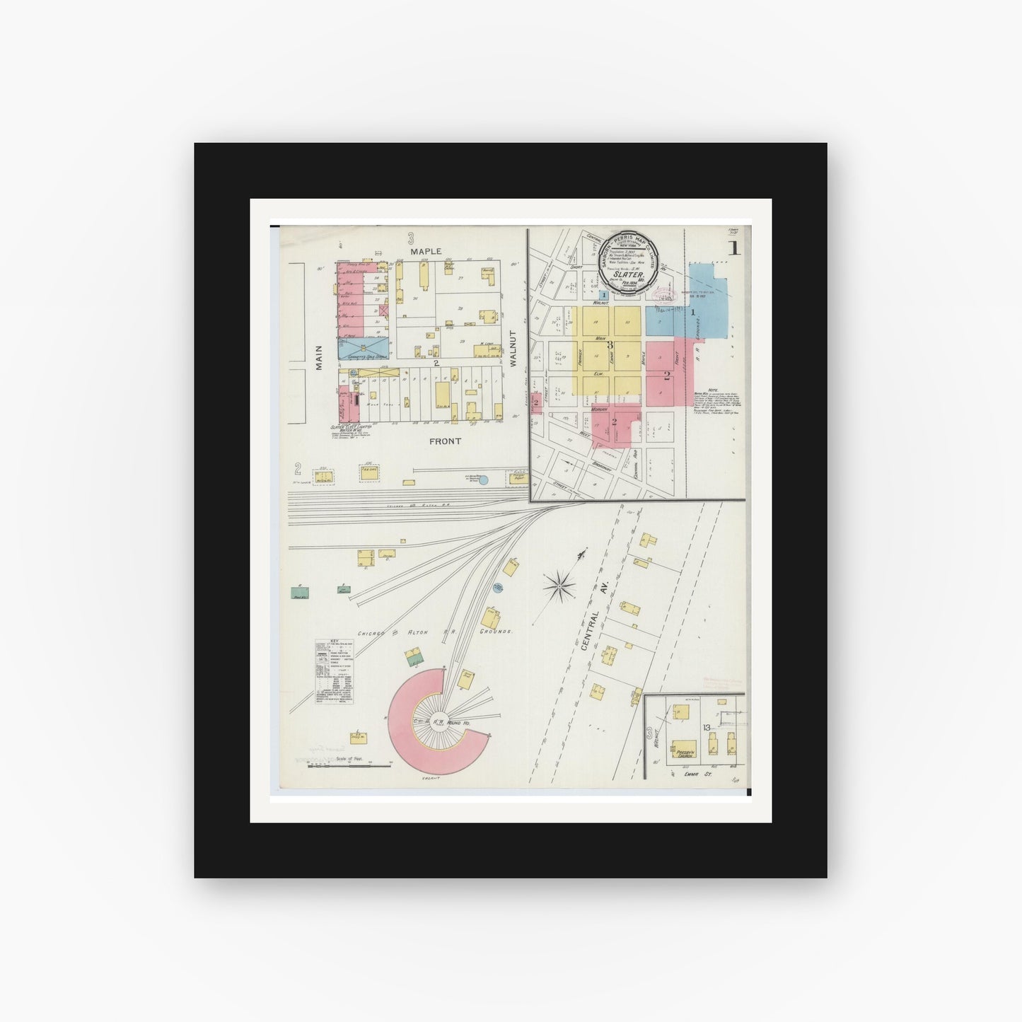 Old map wall art mockup — black gallery frame with white mat — Sanborn Fire Insurance Map from Slater, Saline County, Missouri (1894), Sheet #0001