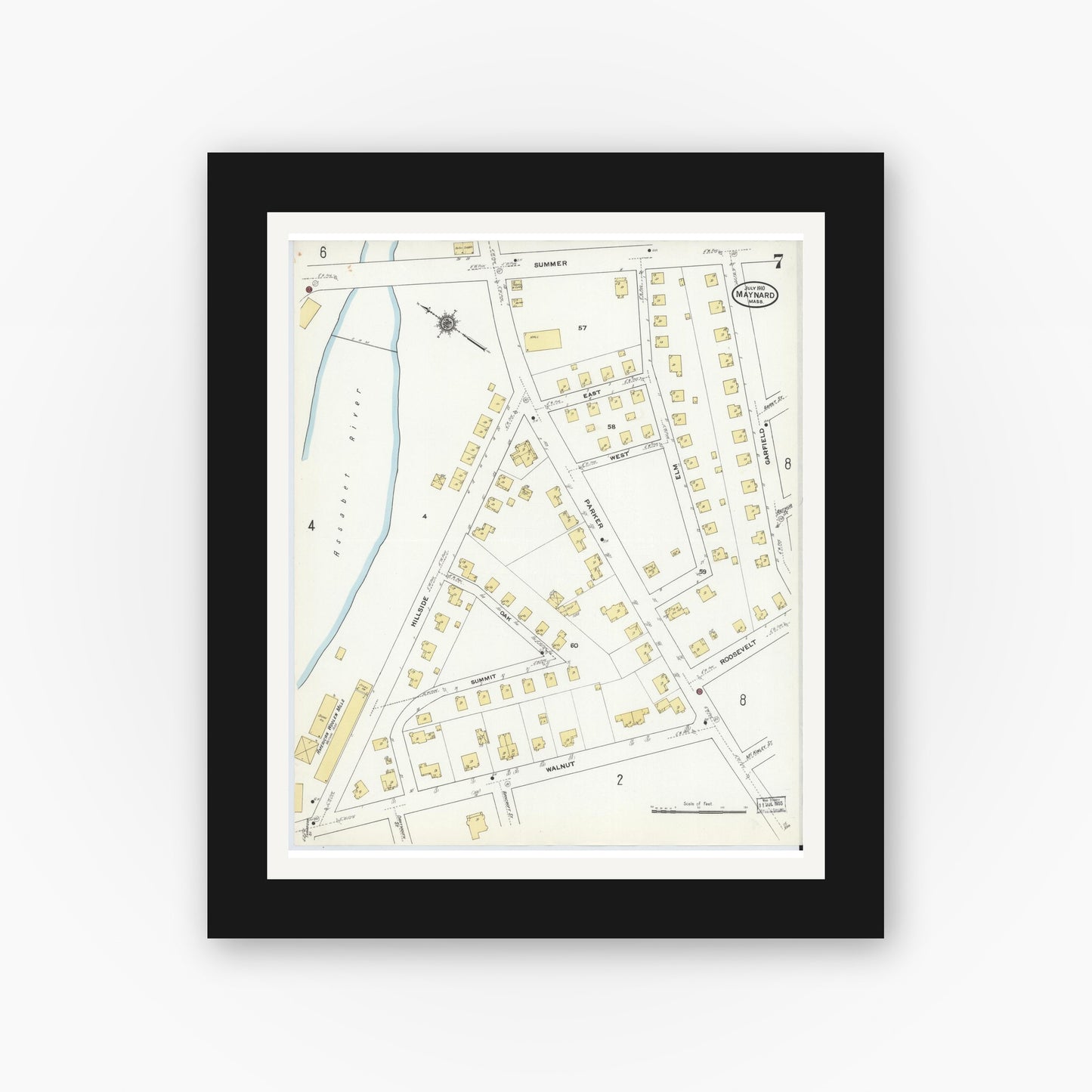 Old map wall art mockup — black gallery frame with white mat — Sanborn Fire Insurance Map from Maynard, Middlesex County, Massachusetts (1910), Sheet #0007