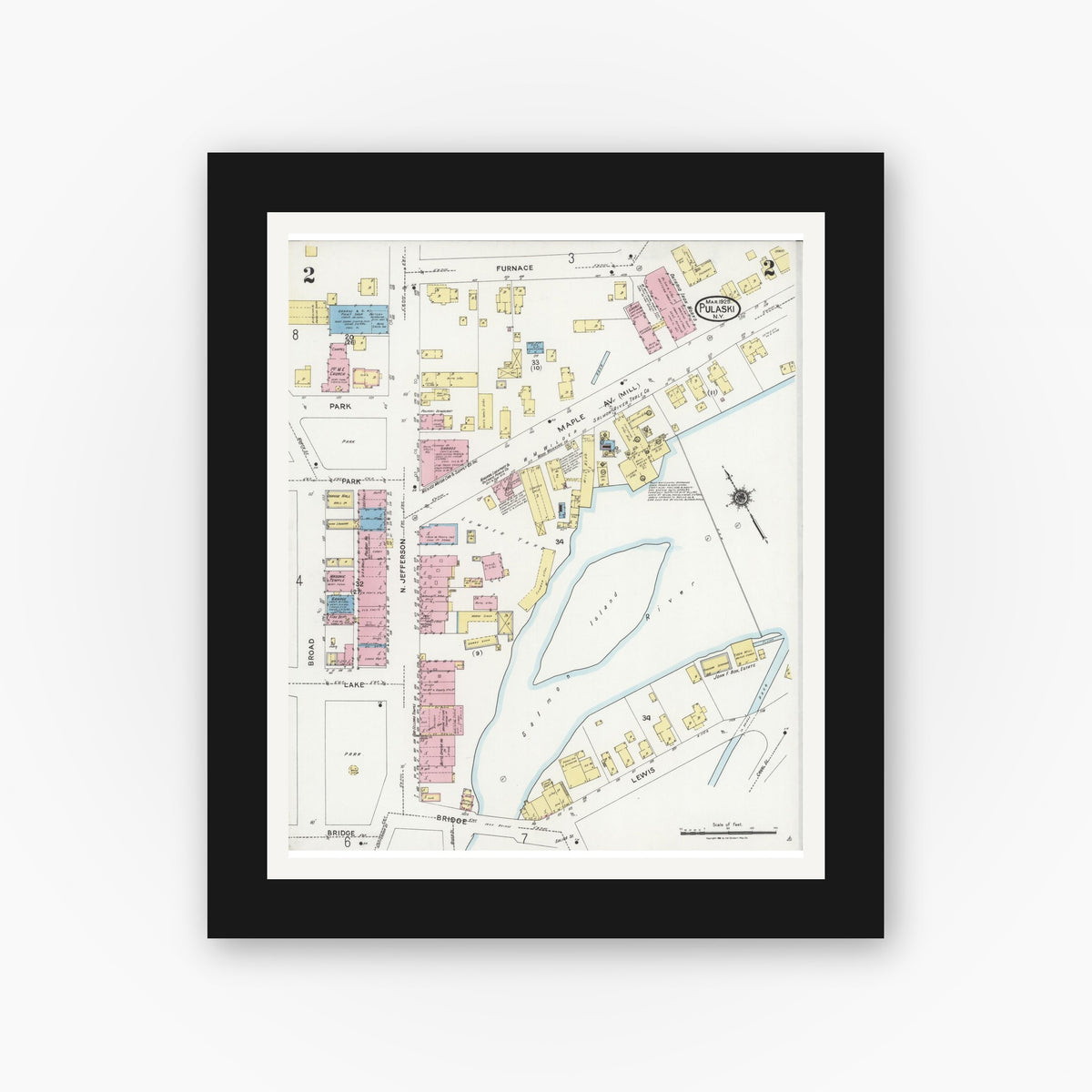 Old map wall art mockup — black gallery frame with white mat — Sanborn Fire Insurance Map from Pulaski, Oswego County, New York (1925), Sheet #0002