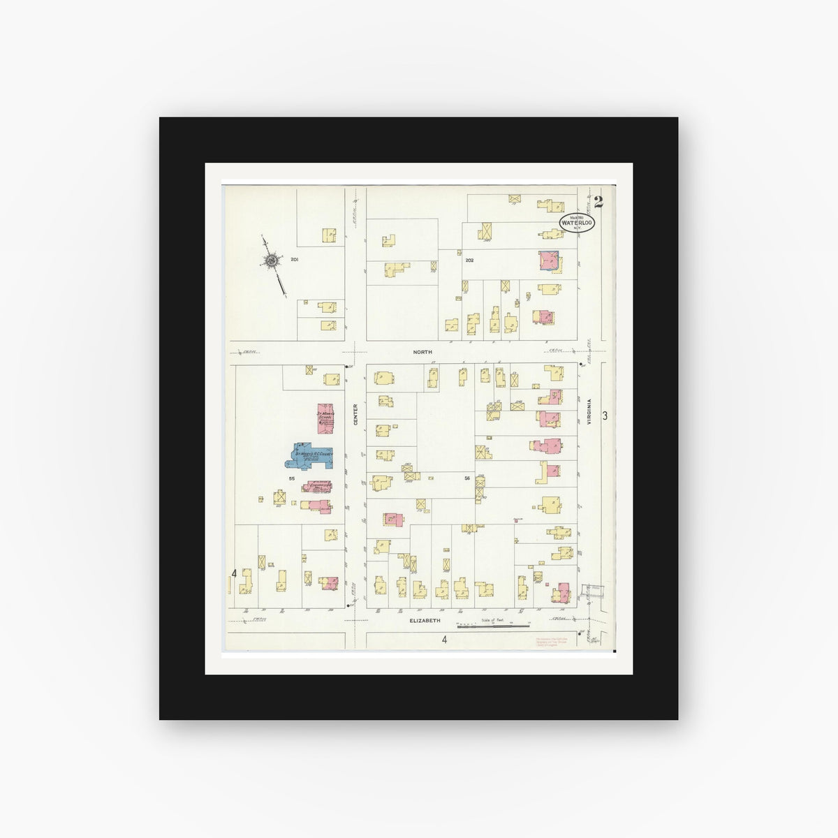 Old map wall art mockup — black gallery frame with white mat — Sanborn Fire Insurance Map from Waterloo, Seneca County, New York (1911), Sheet #0002