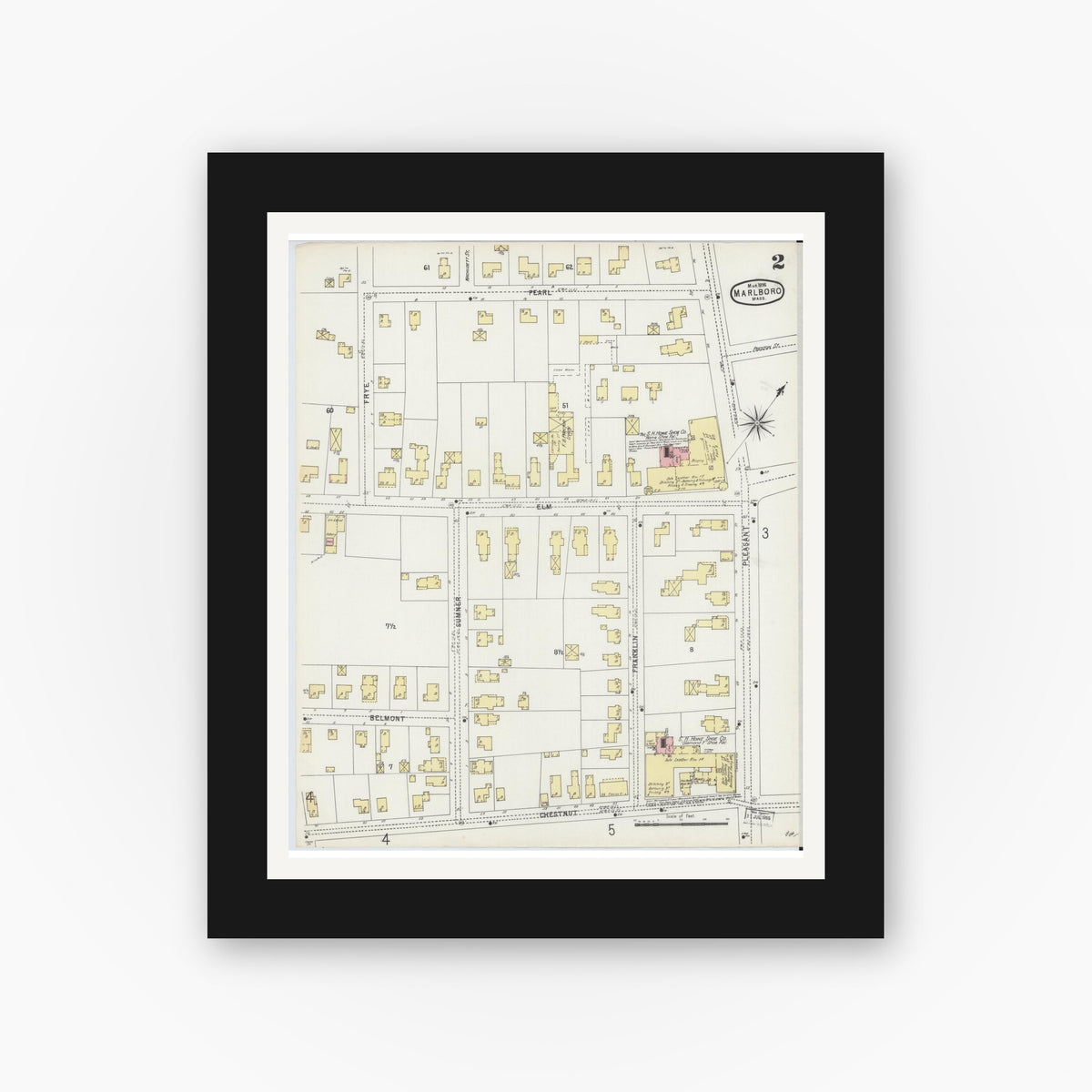Old map wall art mockup — black gallery frame with white mat — Sanborn Fire Insurance Map from Marlborough, Middlesex County, Massachusetts (1896), Sheet #0002