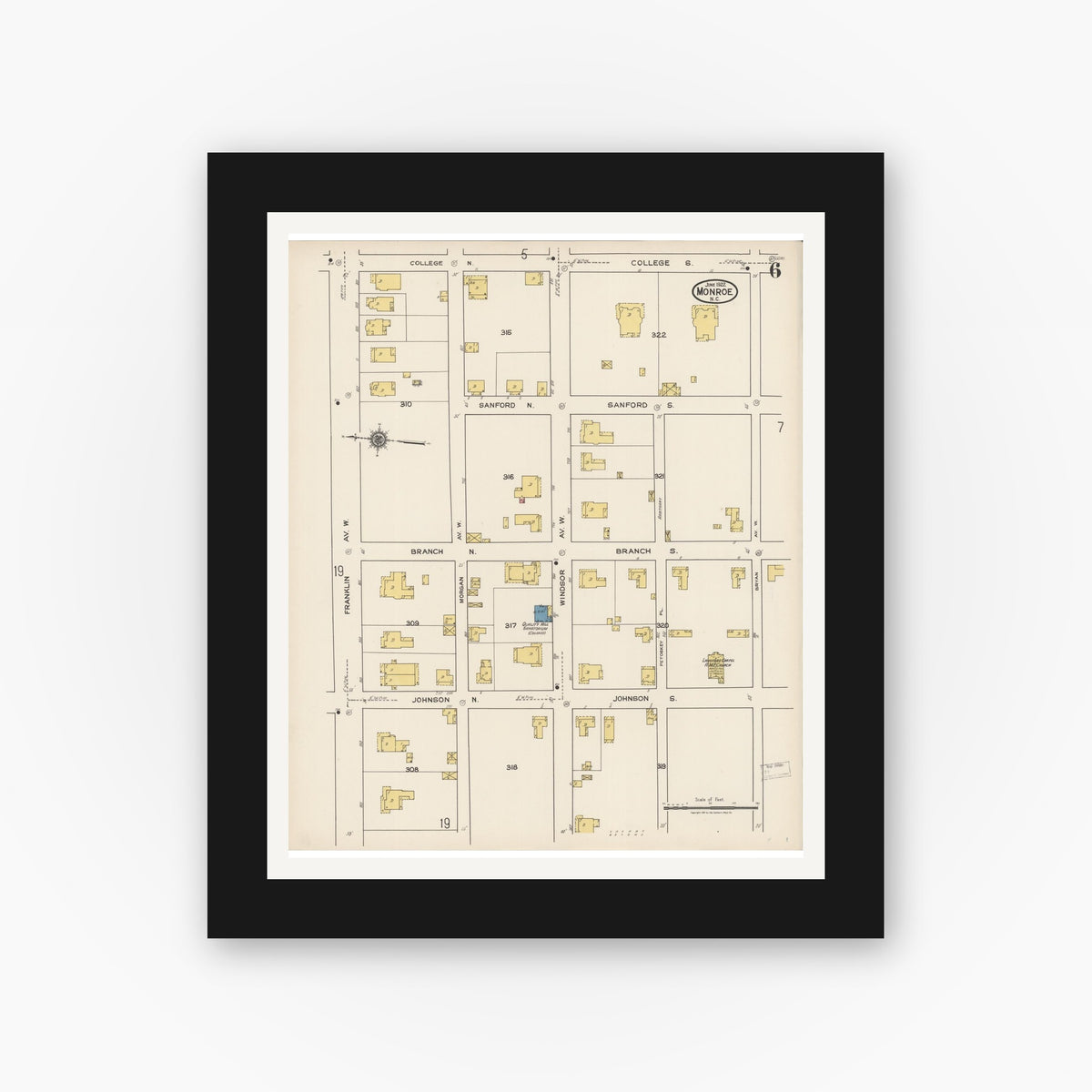 Old map wall art mockup — black gallery frame with white mat — Sanborn Fire Insurance Map from Monroe, Union County, North Carolina (1922), Sheet #0006