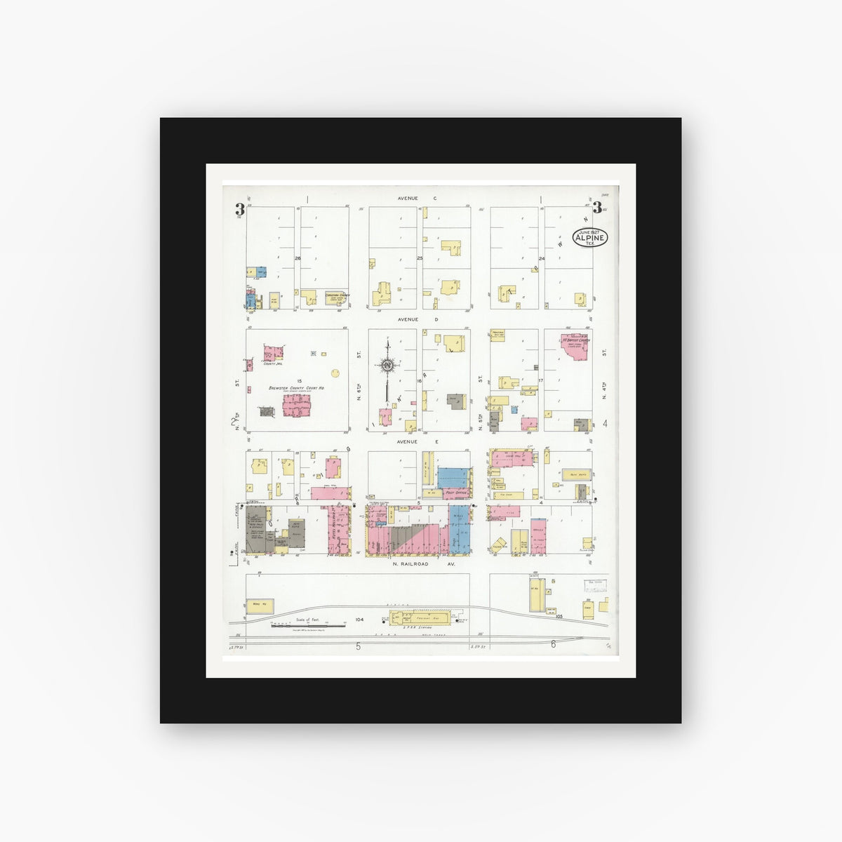 Old map wall art mockup — black gallery frame with white mat — Sanborn Fire Insurance Map from Alpine, Brewster County, Texas (1927), Sheet #0003