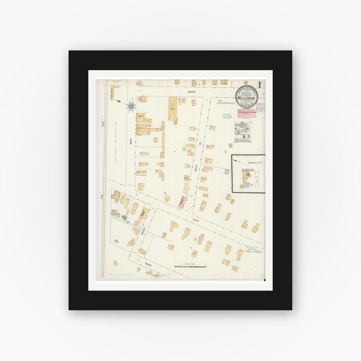 Old map wall art mockup — black gallery frame with white mat — Sanborn Fire Insurance Map from Miles Grove, Erie County, Pennsylvania (1904) - Complete Map Set