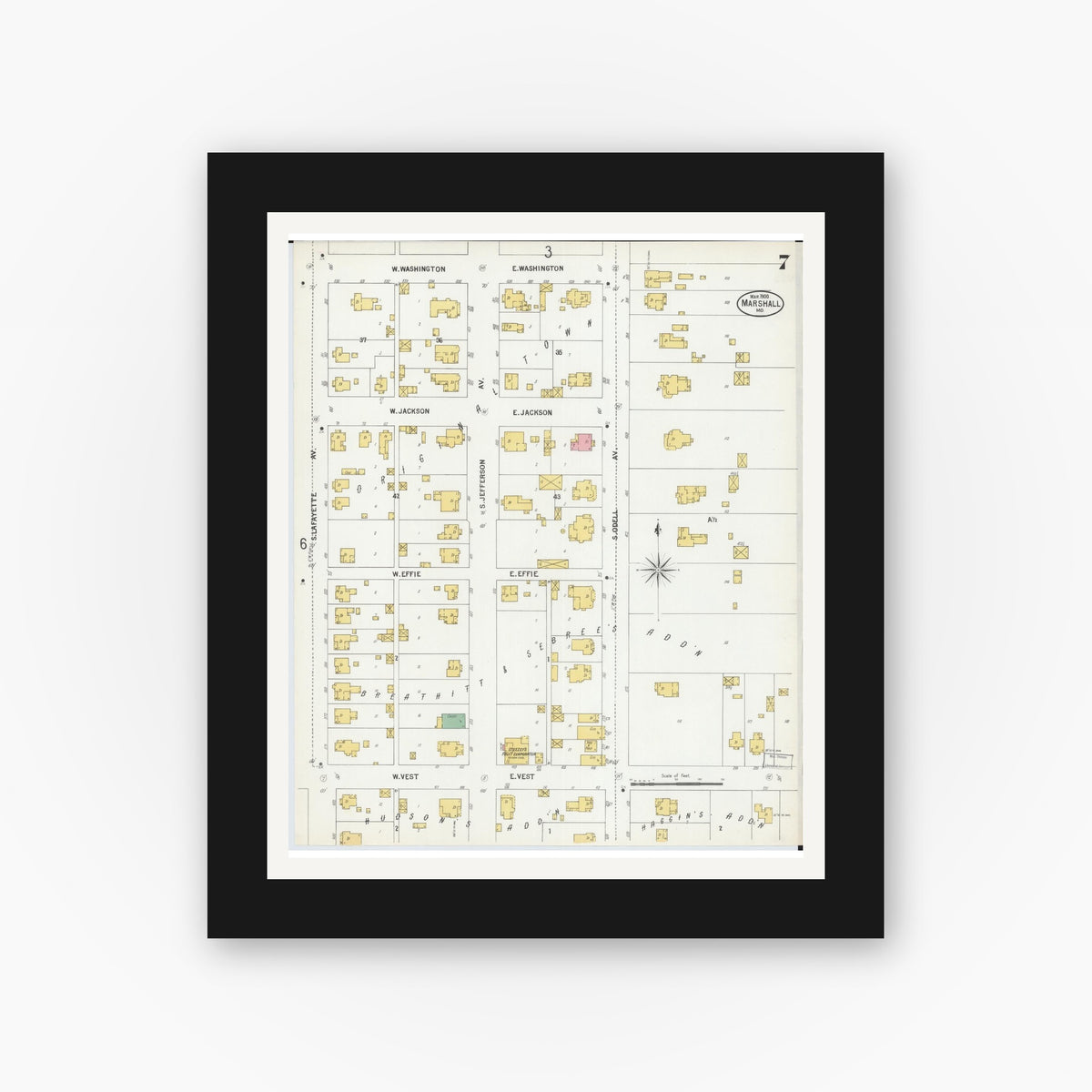 Old map wall art mockup — black gallery frame with white mat — Sanborn Fire Insurance Map from Marshall, Saline County, Missouri (1900), Sheet #0007