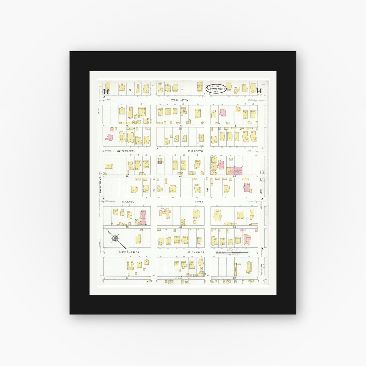 Old map wall art mockup — black gallery frame with white mat — Sanborn Fire Insurance Map from Brownsville, Cameron County, Texas (1926), Sheet #0014
