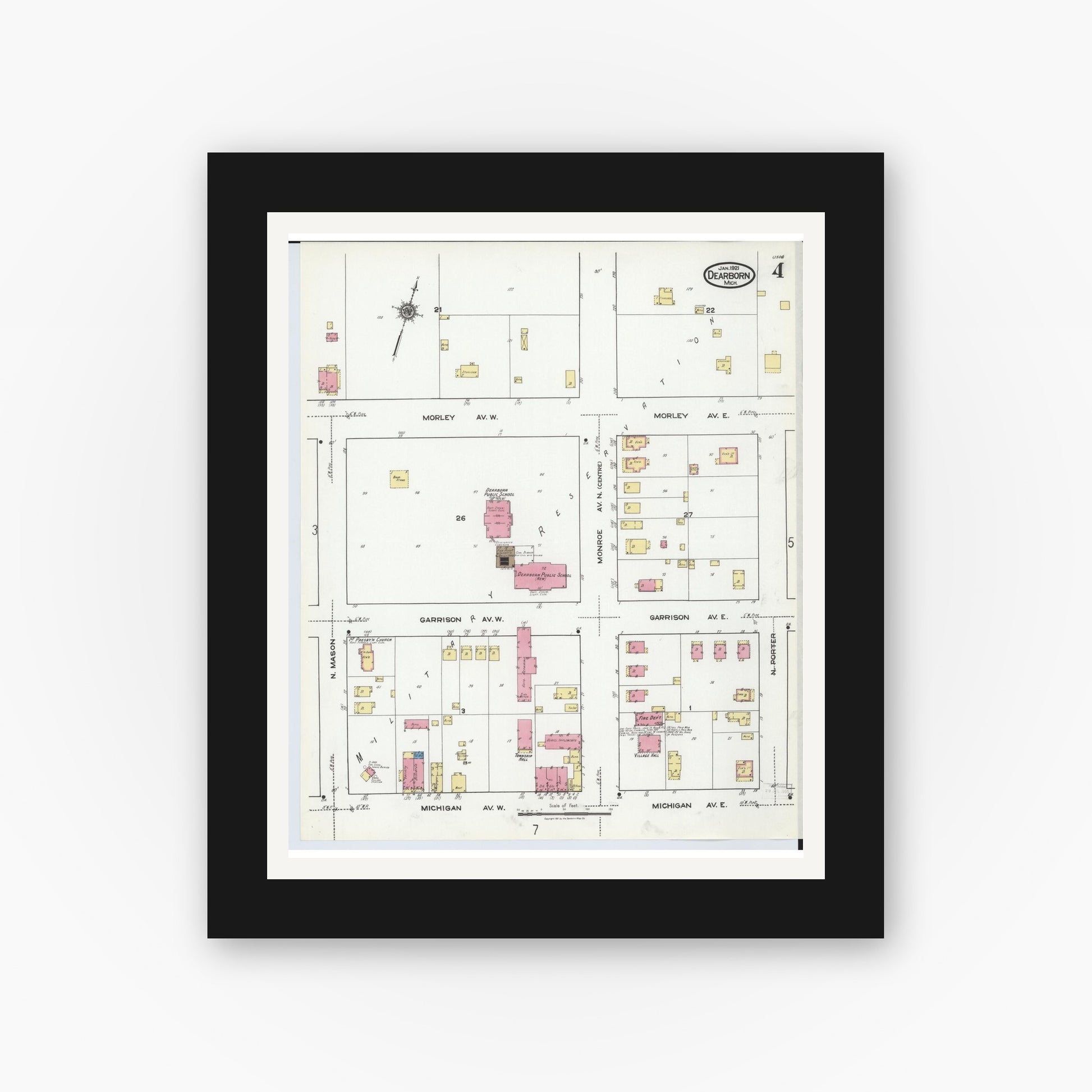 Old map wall art mockup — black gallery frame with white mat — Sanborn Fire Insurance Map from Dearborn, Wayne County, Michigan (1921), Sheet #0004