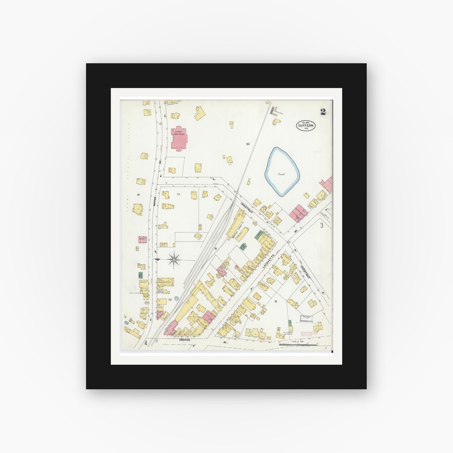 Old map wall art mockup — black gallery frame with white mat — Sanborn Fire Insurance Map from Suffern, Rockland County, New York (1902), Sheet #0002