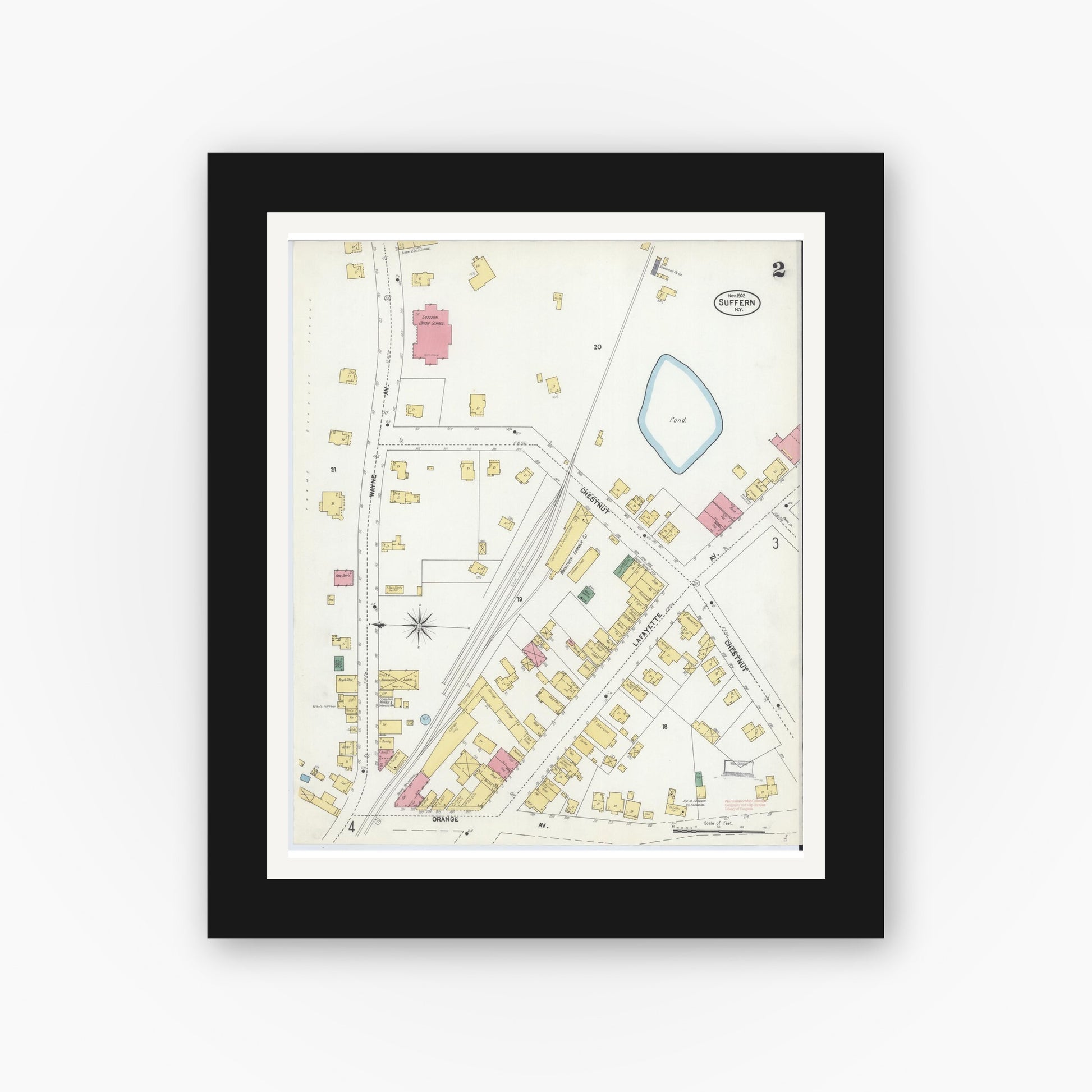 Old map wall art mockup — black gallery frame with white mat — Sanborn Fire Insurance Map from Suffern, Rockland County, New York (1902), Sheet #0002