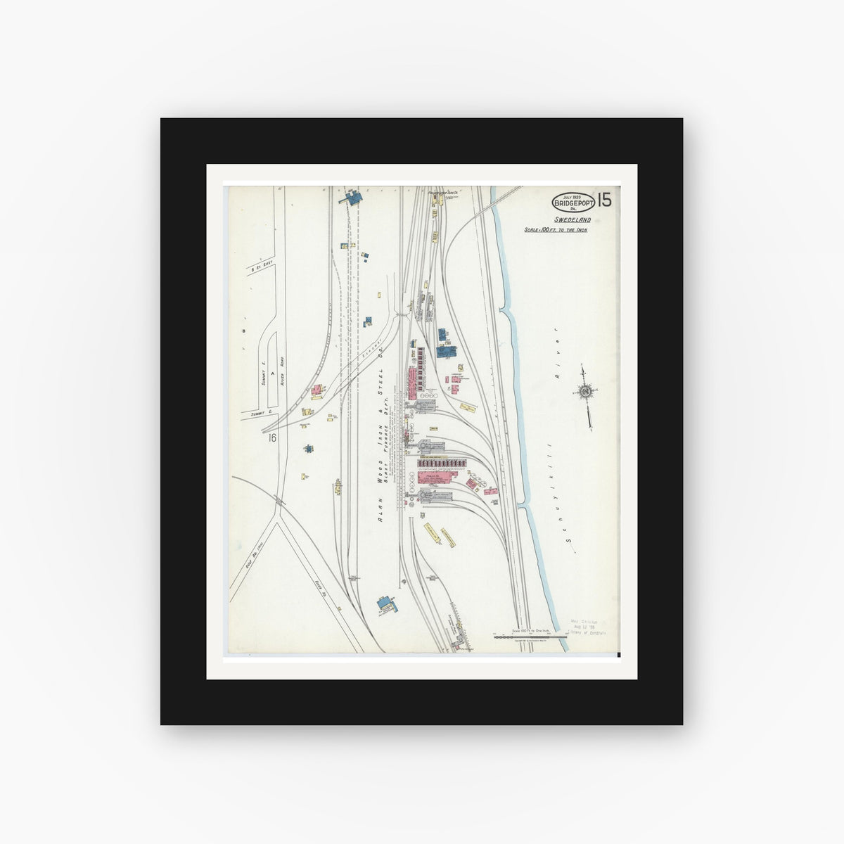 Old map wall art mockup — black gallery frame with white mat — Sanborn Fire Insurance Map from Bridgeport, Montgomery County, Pennsylvania (1920), Sheet #0015