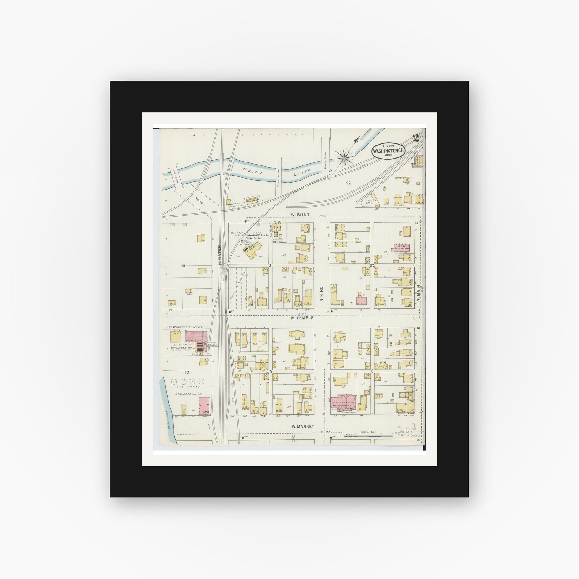 Old map wall art mockup — black gallery frame with white mat — Sanborn Fire Insurance Map from Washington Court House, Fayette County, Ohio (1895), Sheet #0002