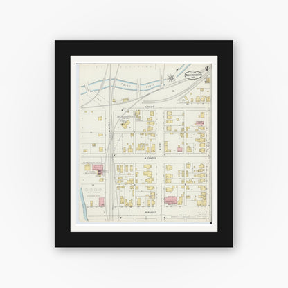 Old map wall art mockup — black gallery frame with white mat — Sanborn Fire Insurance Map from Washington Court House, Fayette County, Ohio (1895), Sheet #0002