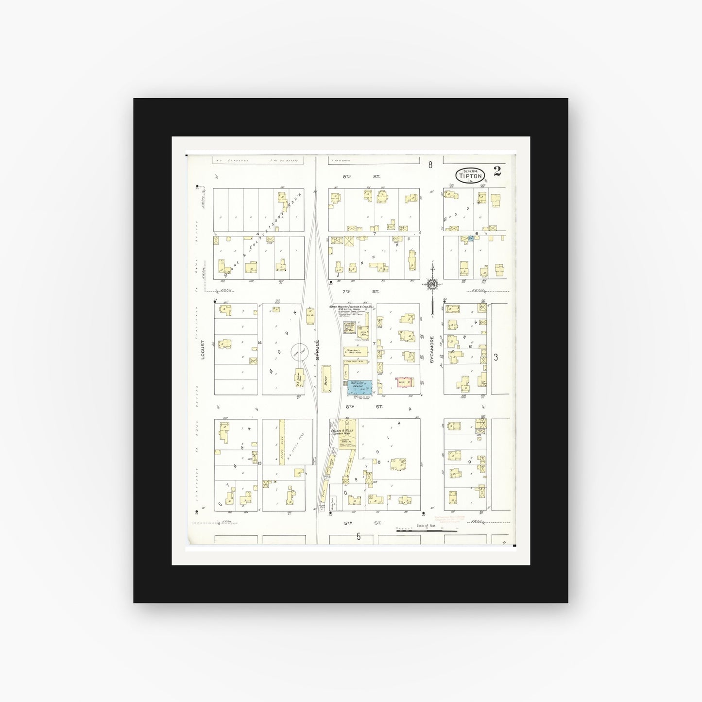 Old map wall art mockup — black gallery frame with white mat — Sanborn Fire Insurance Map from Tipton, Cedar County, Iowa (1914), Sheet #0002