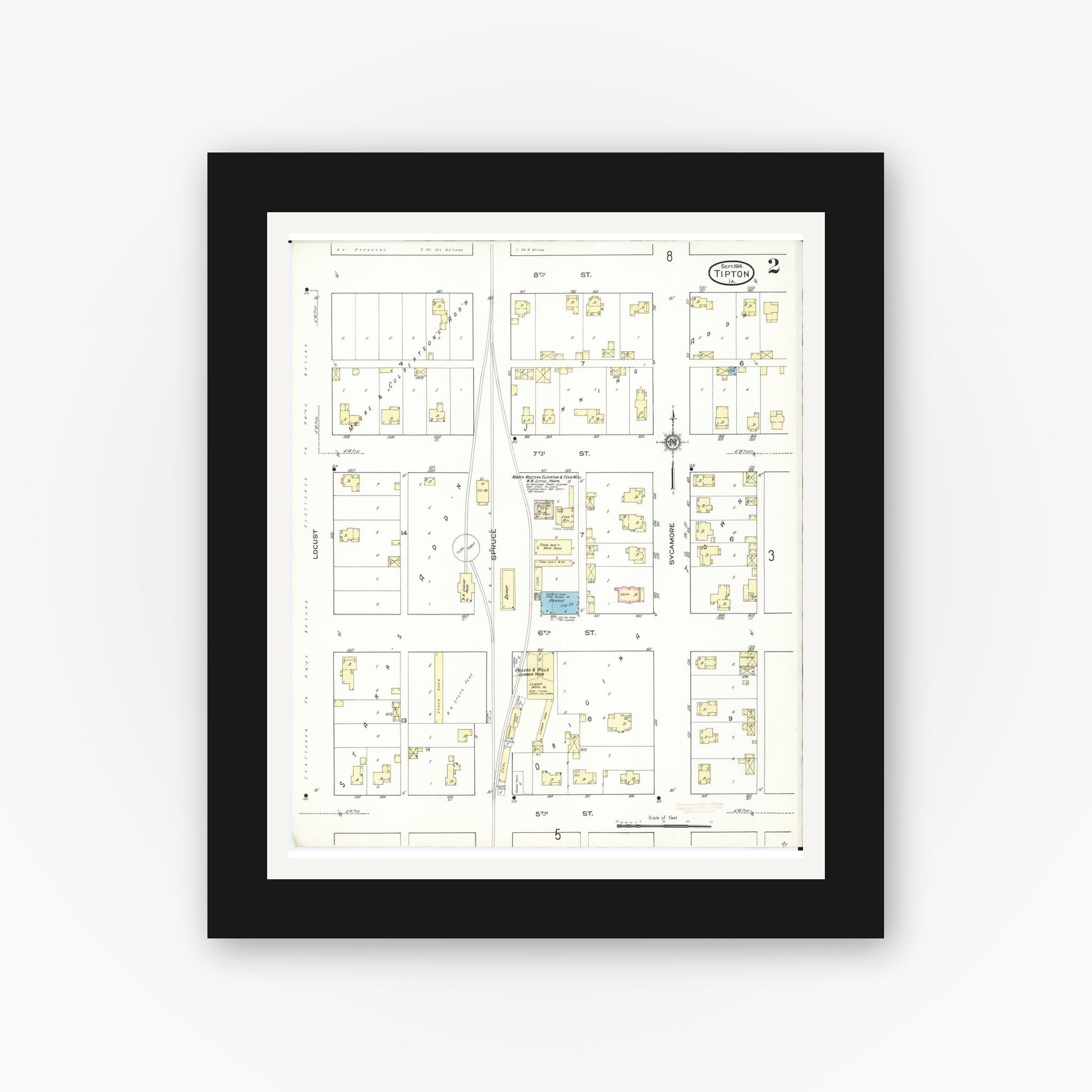 Old map wall art mockup — black gallery frame with white mat — Sanborn Fire Insurance Map from Tipton, Cedar County, Iowa (1914), Sheet #0002