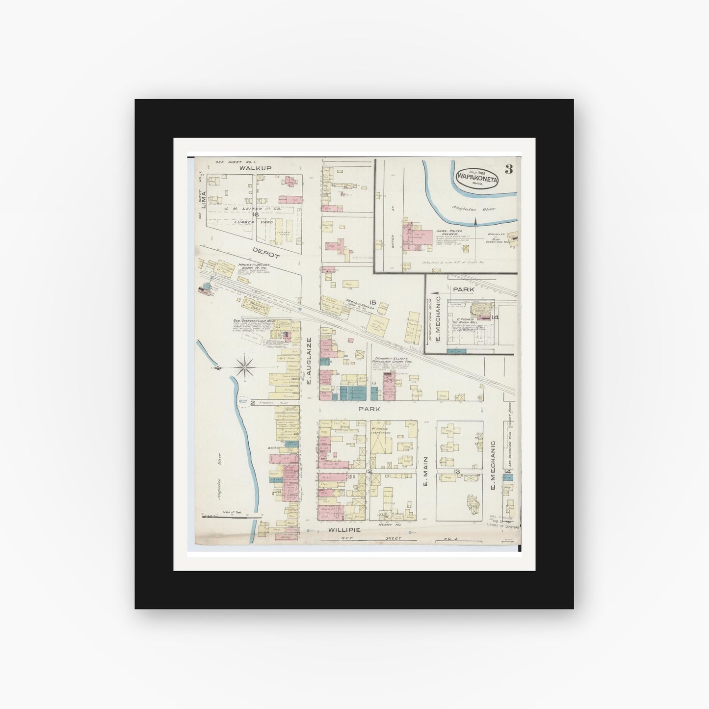 Old map wall art mockup — black gallery frame with white mat — Sanborn Fire Insurance Map from Wapakoneta, Auglaize County, Ohio (1885), Sheet #0003
