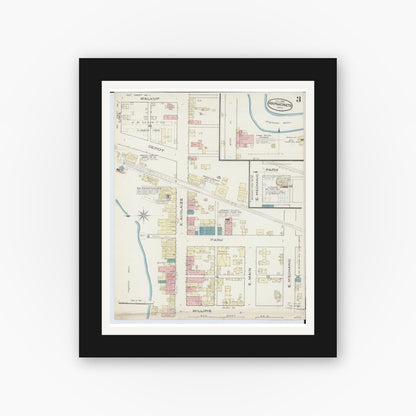 Old map wall art mockup — black gallery frame with white mat — Sanborn Fire Insurance Map from Wapakoneta, Auglaize County, Ohio (1885), Sheet #0003